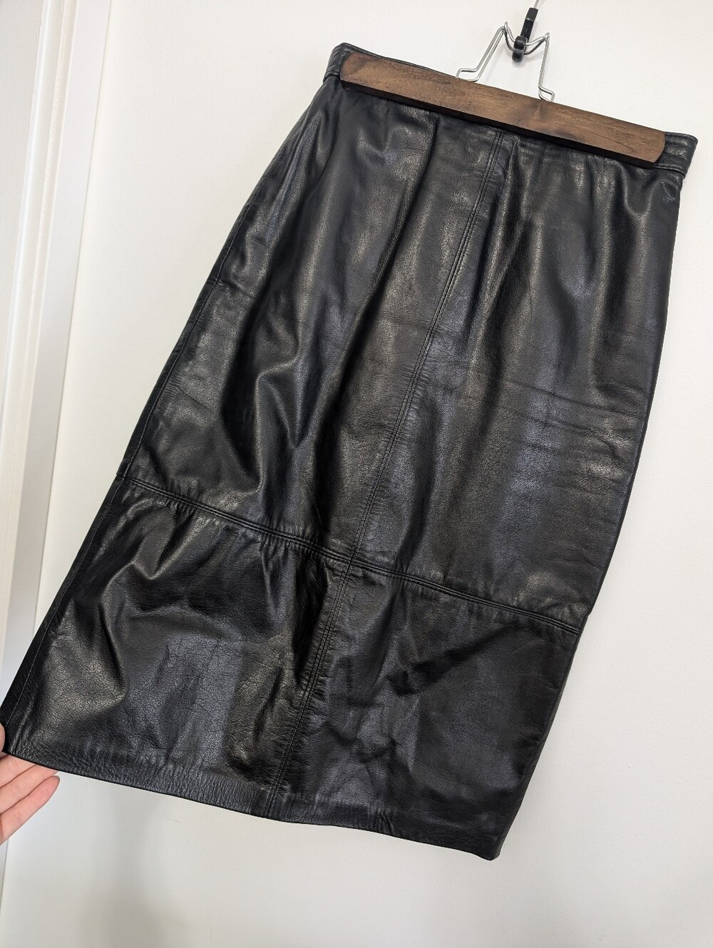 Vintage Marquis Skirt 90s Black Shiny Genuine Leather High Waist Classic Pencil